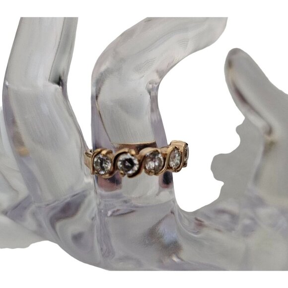 Gold Tone Cubic Zirconia Ring With Wave Design & Five Round Stones - Picture 2 of 5